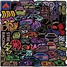 Neon Racing Stickers 50 Pcs Vinyl Funny Cartoon Cars Sticker for Water Bottle Laptop Scrapbook Skateboard Bike Notebook Luggage Guitar,Waterproof Cool Sports Car Decals for Teens Adults