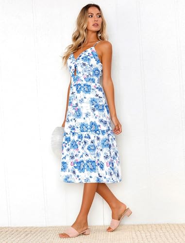 Image of Angashion Women's Dresses-Summer Floral Bohemian Spaghetti Strap Button Down Swing Midi Dress