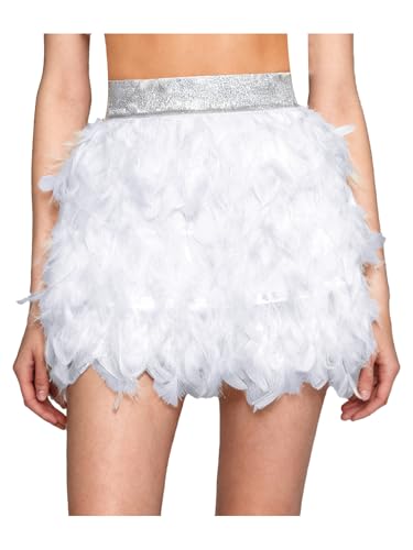 YiZYiF Womens Faux Feather Mini Skirt Elastic Waist Hairy A Line Tutu Skirt for Birthday Party Club Music Festival White One Size