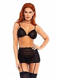 2 pc soutien gorge en maille avec bordure festonnée et jupe froncée lacet de corsetage à l'arrière et 2 jarretelles intégrées à l'avant