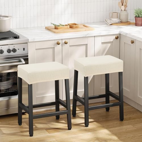 Image of YISUN Stool Covers Rectangle - 2 Pack Stretch Waterproof Saddle Seat Cover Counter Bar Stools Bar Chairs Covers Kitchen Island Chairs Cushion Protector (2, Beige)