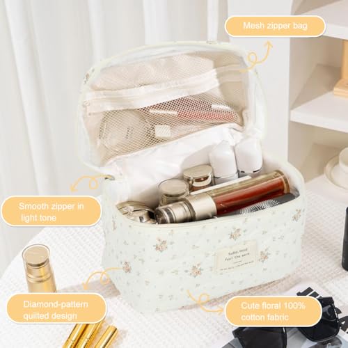 Image of MAYCREATE Makeup Bag Floral Print Makeup Organizer Soft Cotton Travel Cosmetic Bag Large Handbag Office Stationeries Toiletries Bag, 25x15x16cm