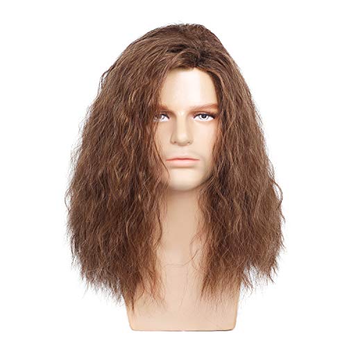 Kaneles Mens Long Brown Wig Mid Length Synthetic Hair for Male Halloween Cosplay 80s Costume Wig