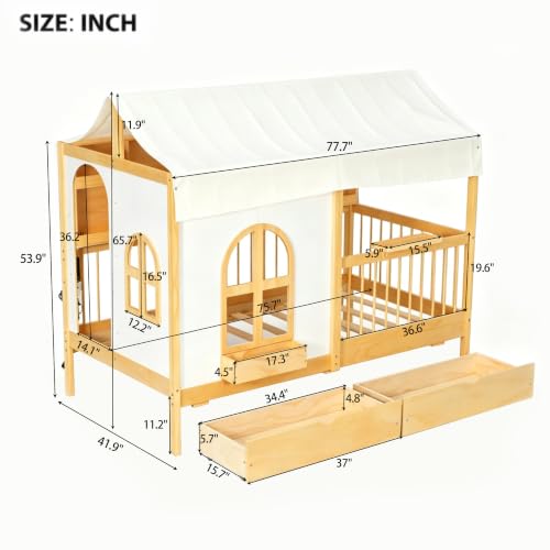 Image of House Bed with Tent and Bookshelf, 2 Drawers,USB Charging