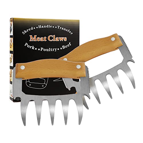 Griffes de Viande, Pulled Pork en Acier Inoxydable Meat Claws pour Barbecue, Griffes d'ours avec Manche en Bois pour la Préhension (Couleur du bois) Cover