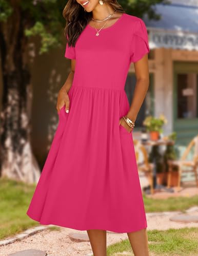 Image of HOTOUCH Women's Summer A-Line Midi Dresses 2026 Casual Floral Short Sleeve T-Shirt Dress Flowy Beach Sundress with Pockets