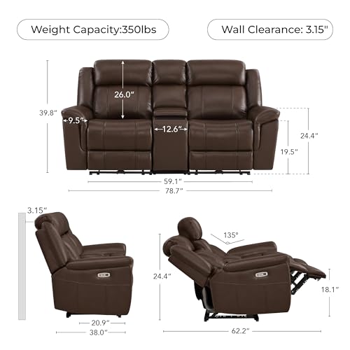 Image of CHITA Leather Power Recliner Sofa, Dark Brown, Loveseat with Console