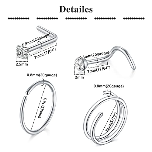 QWALIT 18g & 20g Nose Rings & Hoops - L & C Shape Studs - Surgical Stainless Steel & Silver Nose Piercing Jewelry - Rose Gold & Black - For Women & Men2