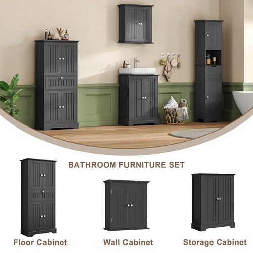 ChooChoo 51\" H Tall Bathroom Floor Cabinet, Modern Bathroom Storage Cabinet with Drawer and Adjustable Shelves, Freestanding Kitchen Pantry Cupboard with 4 Doors for Living Room, Black