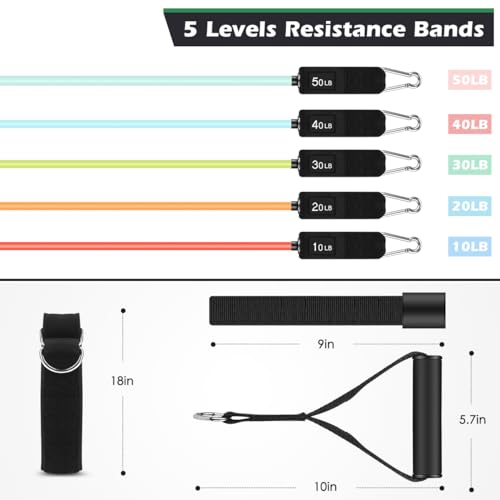 Image of WHATAFIT Resistance Bands, Exercise Bands, Workout Bands with Handles, Door Anchor and Ankle Straps, 5 Resistance Levels Fitness Bands for Strength Training, Physical Therapy, and Home Gym Equipment