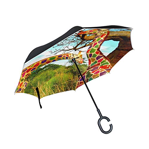 Jirafa De La Suerte Arco Iris Paraguas Invertido Doble Capa Inverso Reverso con Mango en Forma de C Paraguas de Plegado para Automóviles en Exteriores Cover