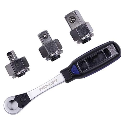 Pro-Lift 3 in 1 Go Through Ratchet Wrench Handle - 3-pcs Drive Adaptor 1/2" 1/4" and 3/8" - Quick Release for Sockets with 72-Tooth Oval Head and Adaptor Storage (MPS01001) Cover