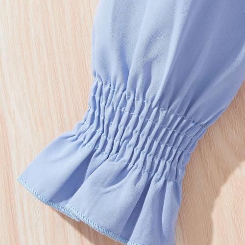 Image of Girls' Light Blue Ruffled Long - Sleeve Shirt with Black Belt and Black Leggings Set 7-13 Years