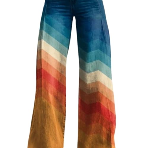 Women's Wide Leg Flared Jeans with Pockets, Vintage Floral Print, High Waist Loose Pants, Printed Ladies Jeans2