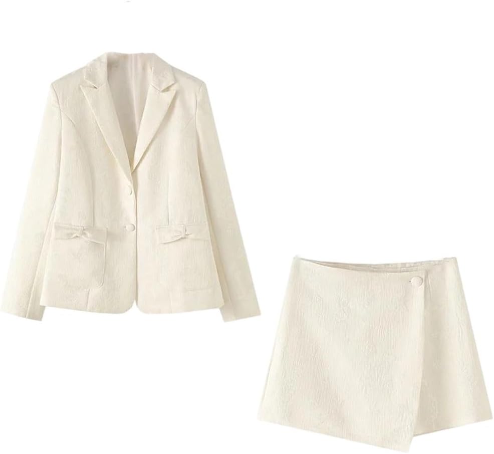 Women's Autumn 2 Piece Set Slim Fit Lapel Textured Suit Jacket with High Waist Skirt for Workwear