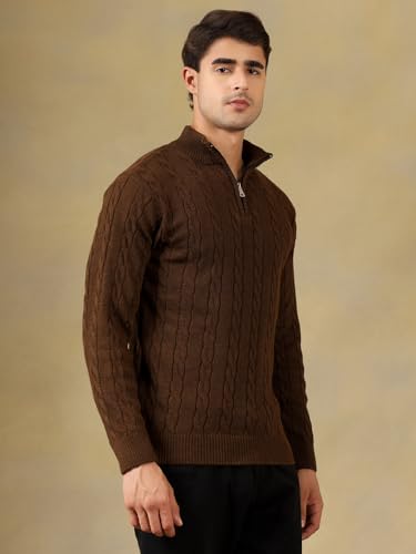 Image of Kvetoo Men's Wool High Neck Zipper Sweater, Full Sleeve Cable Knit Quarter Zip Winter Pullover