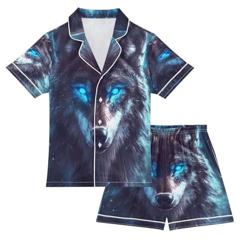 ALAZA Blue Eyed Wolf Animal Satin Pajamas Set Short Sleeve Button Down Sleepwear Summer Pjs 2 Piece