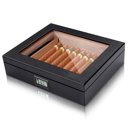 FRALHQFL Zigarren-Luftbefeuchter aus Kohlefaser, Zedernholz, Tischbox, Glasplatte für 20–25 Zigarren