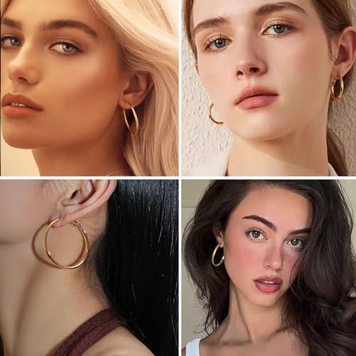 Image of 4 Pairs Silver Gold Hoop Earrings for Women | 14K Gold Plated Hoop Earrings Set Hypoallergenic Earring Lightweight Dangle Earrings Set