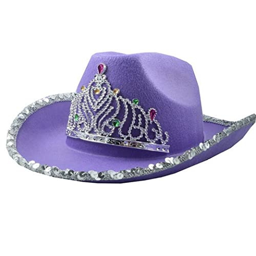 Ruluti Tiara Cowboy Hat Purple Cowgirl Sequin Hat Non Woven Blinking Rhinestone Crown Cap for Party Costume, 22-22.8in/56-58cm