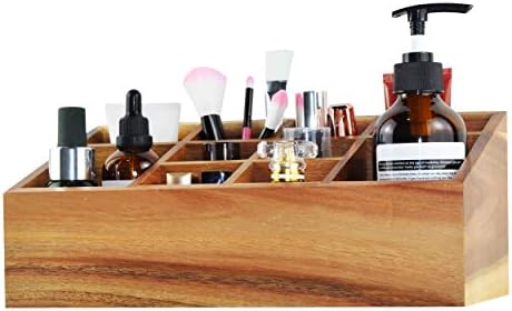 Spiretro Cosmetic Organizer, Brush Holder, 10 Compartment Tray Storage Hair Accessories, Makeup Display Case for Vanity Countertop, Bathroom Drawers, Dresser Desk, Solid Acacia Wood _Natural Brown