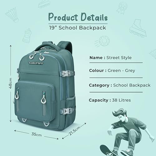 Image of Gear Street Style 19 inch /38L Large Water Resistant School Bag | Casual Backpack | Daypack | Travel Backpack | Kids Bag for Boys /Girls (Green - Grey)