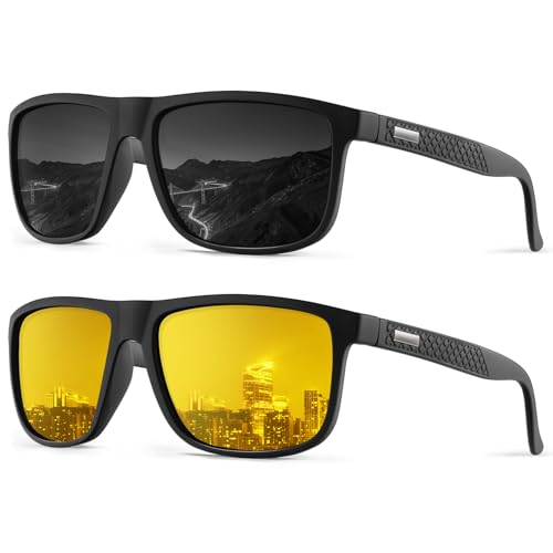 HENGOSEN Gafas de sol polarizadas para hombre deportivas: gafas de sol para hombre, para pesca, conducción, correr, retro, con protección UV, paquete de 2, 01 negro + 10 visión nocturna, M