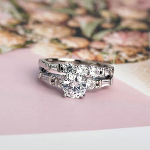 2Pcs White Gold Plated Round White Cubic Zirconia Engagement Rings Wedding Bridal Band Promise Rings Evening Parties Anniversary Valentine's Day Gifts Eternity Bands for Women4