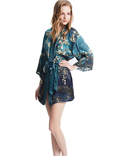 prettystern Damen mini Kleid kurz Seide Satin Seiden-Mantel Kimono Morgenmantel Jacke Yukata Kostüm Silk Robe blau van Gogh - Mandelblüten Mi02