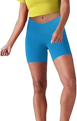 Lulucheri Women's V-Waist Biker Shorts with Pockets 5" Yoga Workout Athletic Running Gym Compression Spandex Short Pants (X-Large, Poolside Blue)