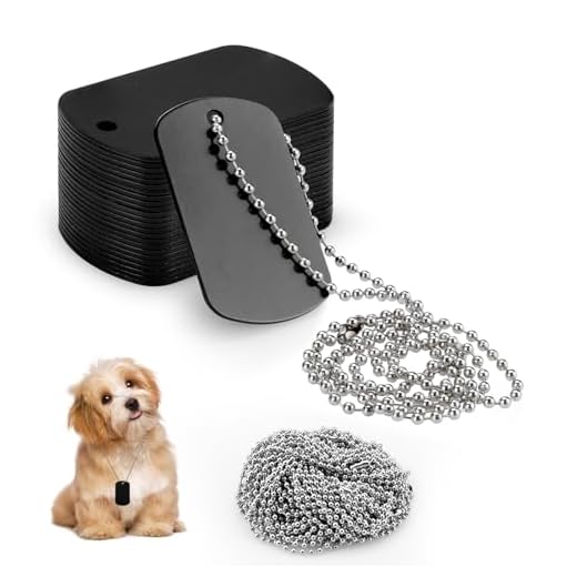 Modixun Lot de 25 plaques d'identification militaires vierges en aluminium + 25 chaînes de perles en métal, étiquettes rectangulaires gravées au laser à bord lisse pour armée, loisirs créatifs, noir