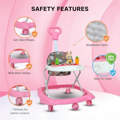 Image of Baby Walker for 6-18 Months with Musical Toys & Push Handle | Adjustable Height Baby Activity Walker, 360 Rotating Wheels, Soft Seat (Rabbit Pink)