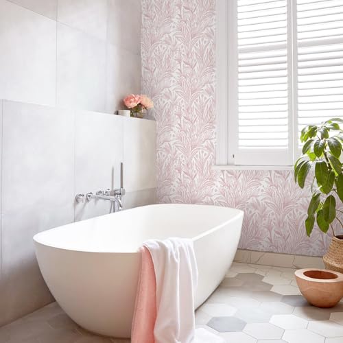 Dimoon Pink Peel and Stick Wallpaper Boho Pink White Contact Paper 17.3" X 394" Floral Leaf Textured Wallpaper Renter Friendly Removable Self Adhesive Wall Paper for Bathroom Bedroom Cabinets Vinyl by Dimoon - Image 8
