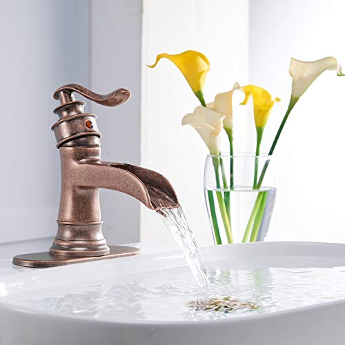 Copper Bathroom Faucet Antique Brass Sink Vanity Basin Single Handle with Pop up Drain Assembly Waterfall Rose Mixer Tap One Hole Lever with Overflow Deck Mount Commercial Lead-Free by Homevacious