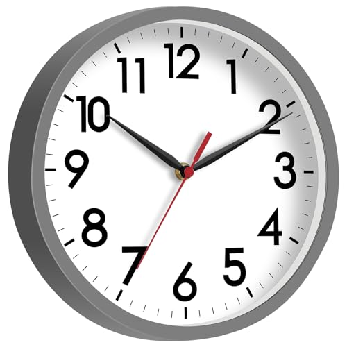Image of AKCISOT Wall Clock 8 Inch Silent Non-Ticking Modern Clocks Battery Operated - Analog Small Classic for Office, Home, Bathroom, Kitchen, Bedroom, School(Gray)