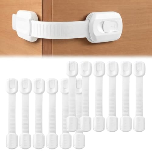 12 Cerraduras de Seguridad Cajones para Niños y Bebés – Pack de 12 Bloqueos Adhesivos para Cajones, Puertas y Armarios – Protección Infantil sin Taladro, Fáciles de Instalar y Retirar, Blanco