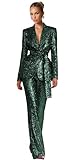 Fashion Emerald Green Womens Suit 2 Piece Set Sequin Glitter Suits for Women Prom Party V Neck Shiny Jacket Blazer Pants with Belt Size XX-Large