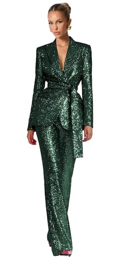 Fashion Emerald Green Womens Suit 2 Piece Set Sequin Glitter Suits for Women Prom Party V Neck Shiny Jacket Blazer Pants with Belt Size XX-Large