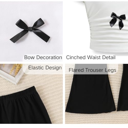 Image of Girls Clothes 2 Piece Short Sleeve Lace Bow Print Tops Flared Pants Set Little Girl Outfits Size 7-14