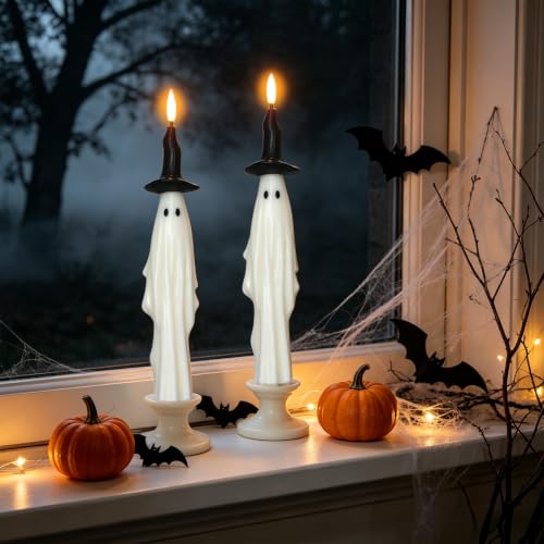 Image of Halloween Witch Flameless Taper Candles Battery Operated with 6H Timer, Set of 2 Real Wax 3D Wick Fickering Ghost LED Candlesticks Spooky Halloween Indoor Decor(0.79 inchD x 11.4 inchH)