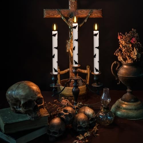 Image of Halloween Flameless Taper Candles with Remote Timer, 4 Pack LED Flickering Candlestick, 9.65 Inch Battery Operated Real Wax Candles with Bat Prints for Halloween Decorations
