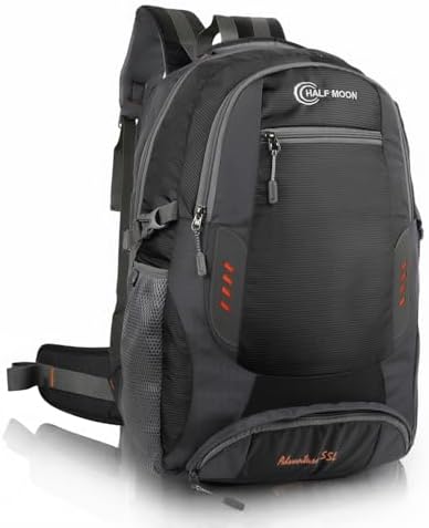 Half Moon Extra Large Size 55L Waterproof Rucksack Bags for Men/Trekking Bags for Men, Polyester Black With Laptop Compartment & Rain cover For Trekking, Hiking, Travel Backpack for Men & Women