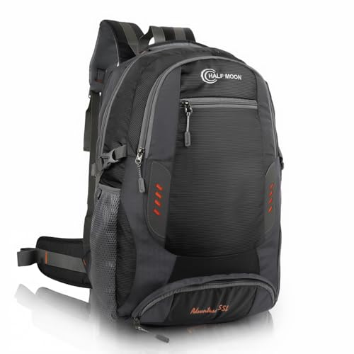 Half Moon Extra Large Size 55L Waterproof 6 Compartment Rucksack Bags/Trekking Bags, Polyester Black | With Laptop Compartment & Rain Cover | For Trek