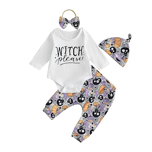 Image of Muasaaluxi Newborn Baby Girl Boy Halloween Outfit Witch Please Romper Shirts Pumpkin Long Pants Headband Hat Set 0-18M (White, 3-6 Months)