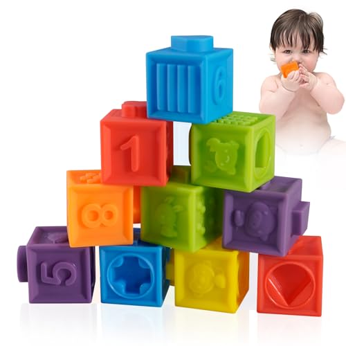 Image of Ganowo 12PCS Mini Soft Stacking Blocks Toys, Educational Squeeze Teeth Baby Toys with Numbers Animals for 6 Months Up Baby Building Blocks Christmas Stocking Stuffers for Baby Toddlers Gifts
