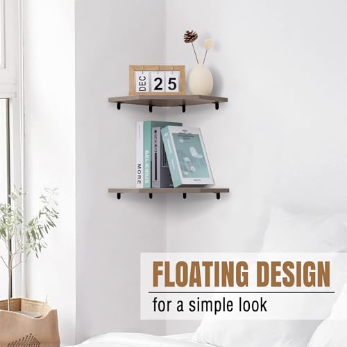 Image of Fun Memories Corner Shelf Wall Mount, Floating Corner Shelves, Set of 2 Corner Wall Shelf Organizer, Rustic Wood Wall Storage Display Shelves for Living Room Bedroom Bathroom Kitchen, Rustic Grey