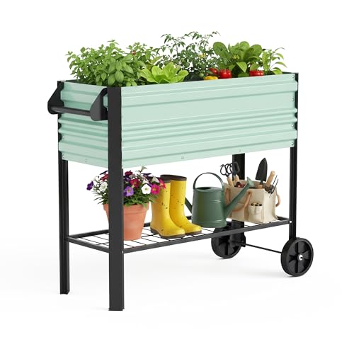 WORKPRO Galvanized Raised Garden Bed with Legs & Wheels 37x14.6x31.6in 400LB Capacity Elevated Planter Box for Garden Backyard Patio & Deck Light Green