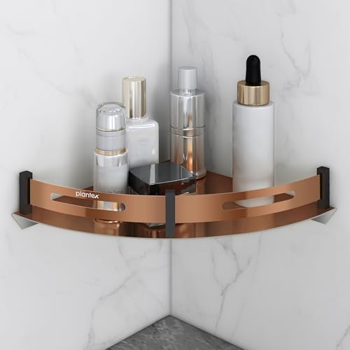 Image of Plantex Bathroom Corner Rack for Wall /Stainless Steel Shelf for Bathroom Corner with Railings /Bathroom Accessories Holder (9x9 inches, PVD Rose Gold & Black)