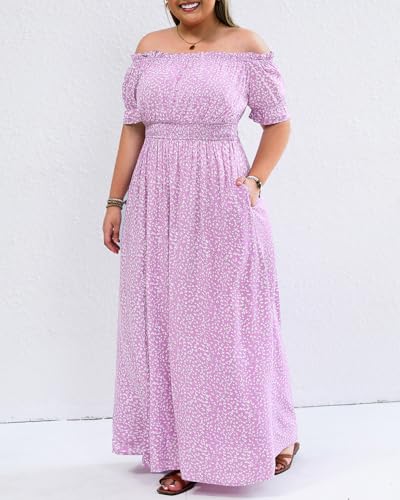 Image of Holipick Women's Off The Shoulder Boho Dress Plus Size Floral Smocked Waist Split Summer Maxi Sundress with Pockets