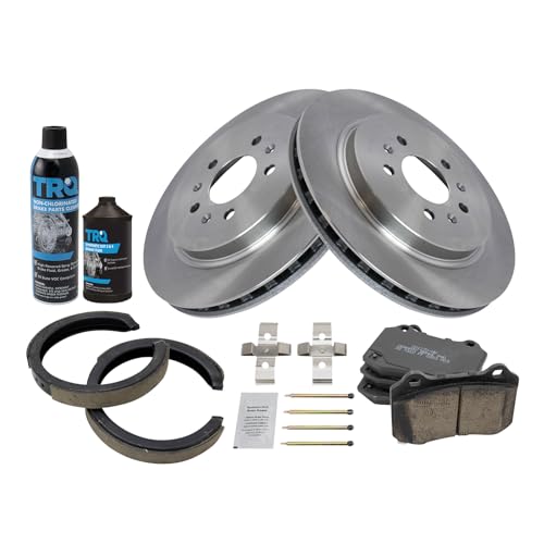 Image of TRQ Rear Brake Pad & Rotor Kit, with Chemical Kit Parking Brake Shoe Set Ceramic Compatible with 2005-2010 Cadillac STS